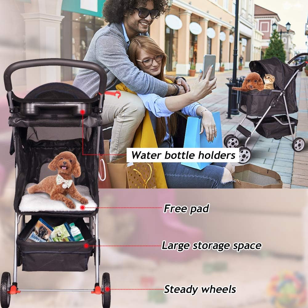 4 Wheel Pet Stroller Cat Dog Cage Stroller Travel Folding Carrier with Cup Holder and Removable Lining for Small and Medium Dogs, Cats (Black)