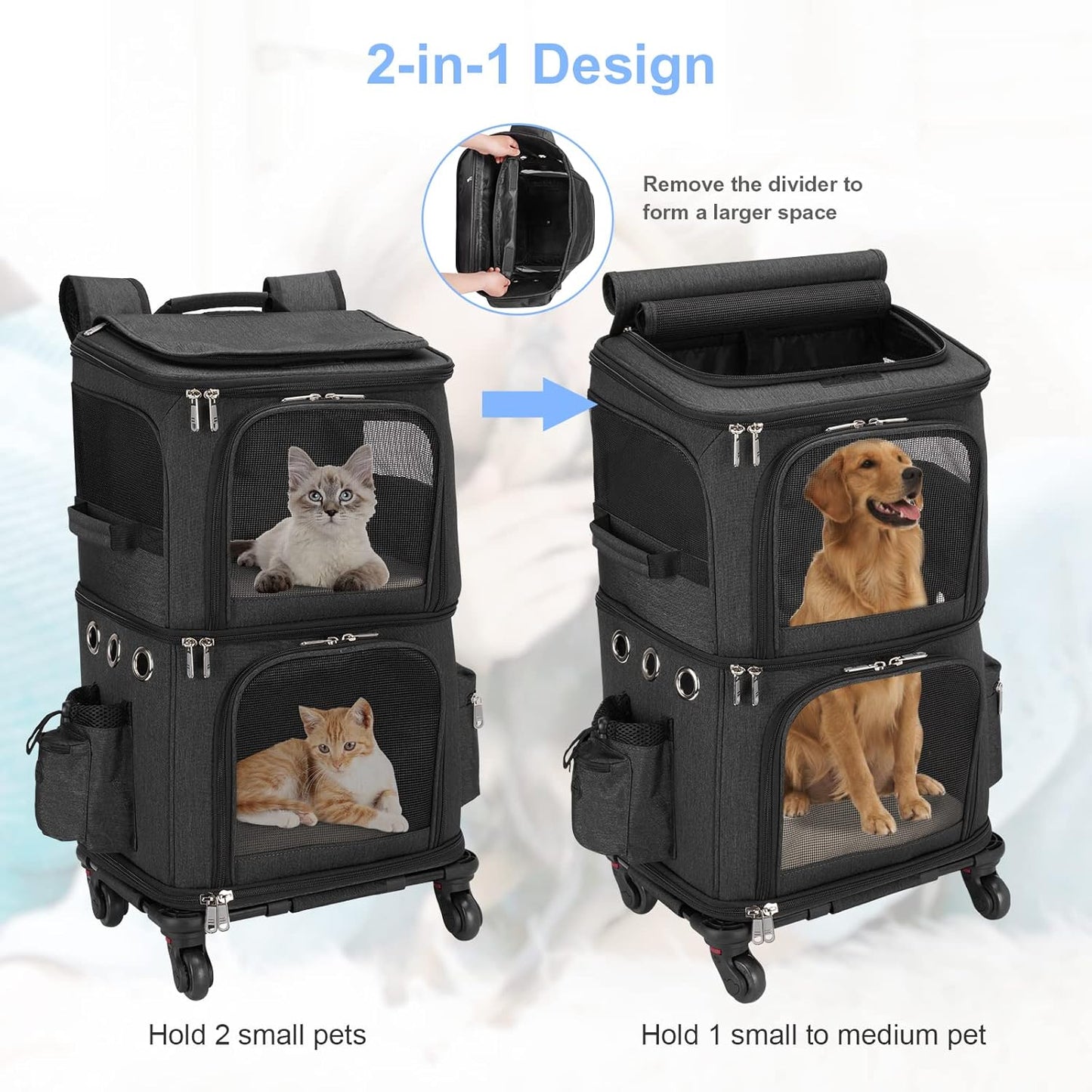 Double-Compartment Pet Carrier Backpack with Wheels for Small Cats and Dogs, Cat Rolling Carrier for 2 Cats, Perfect for Traveling/Taking a Walk/Trips to the Vet, Black