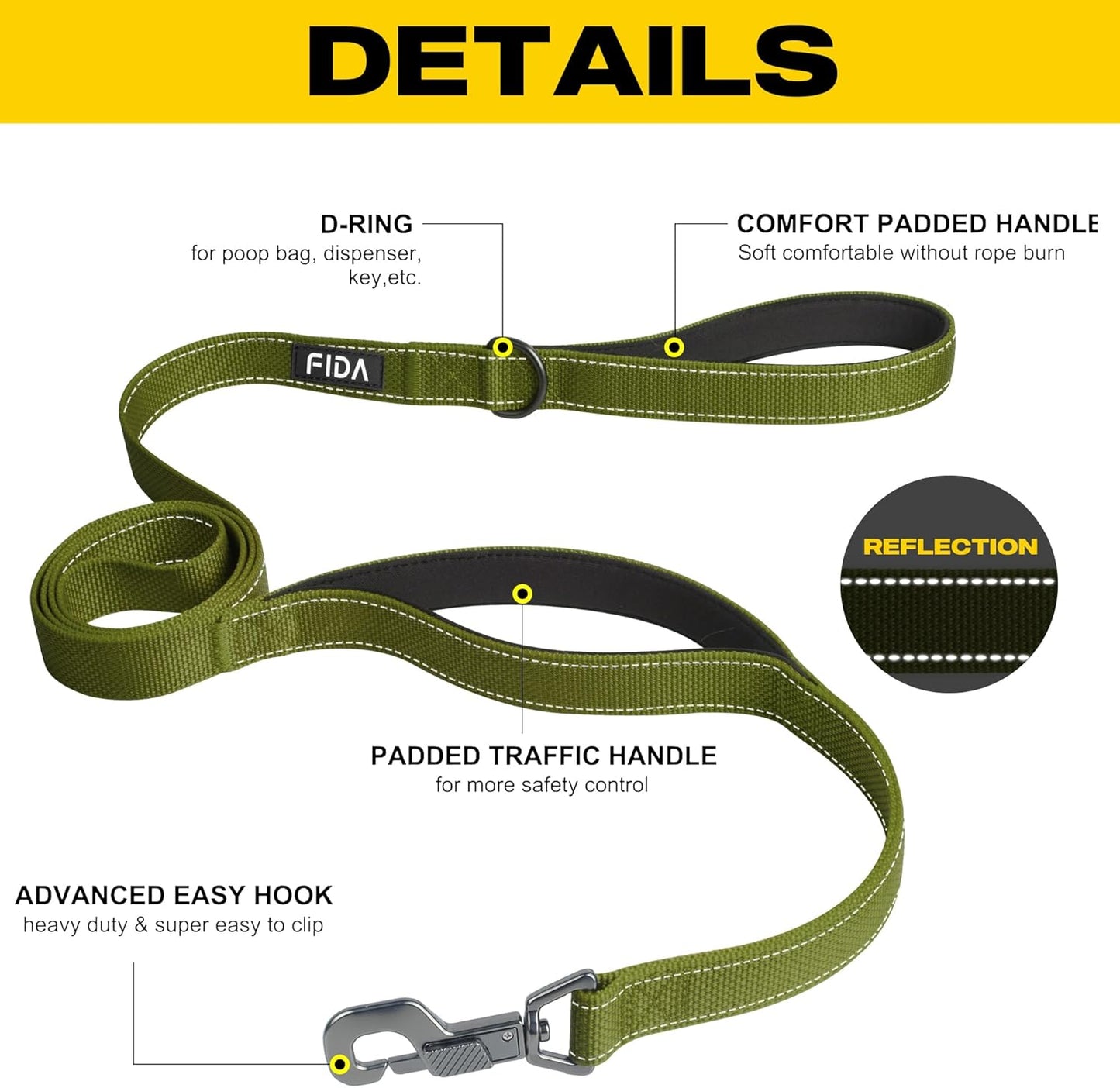 5 FT Heavy Duty Dog Leash with 2 Comfortable Padded Handles, Traffic Handle & Advanced Easy Snap Hook, Reflective Walking Lead for Large, Medium & Small Breed Dogs, Green