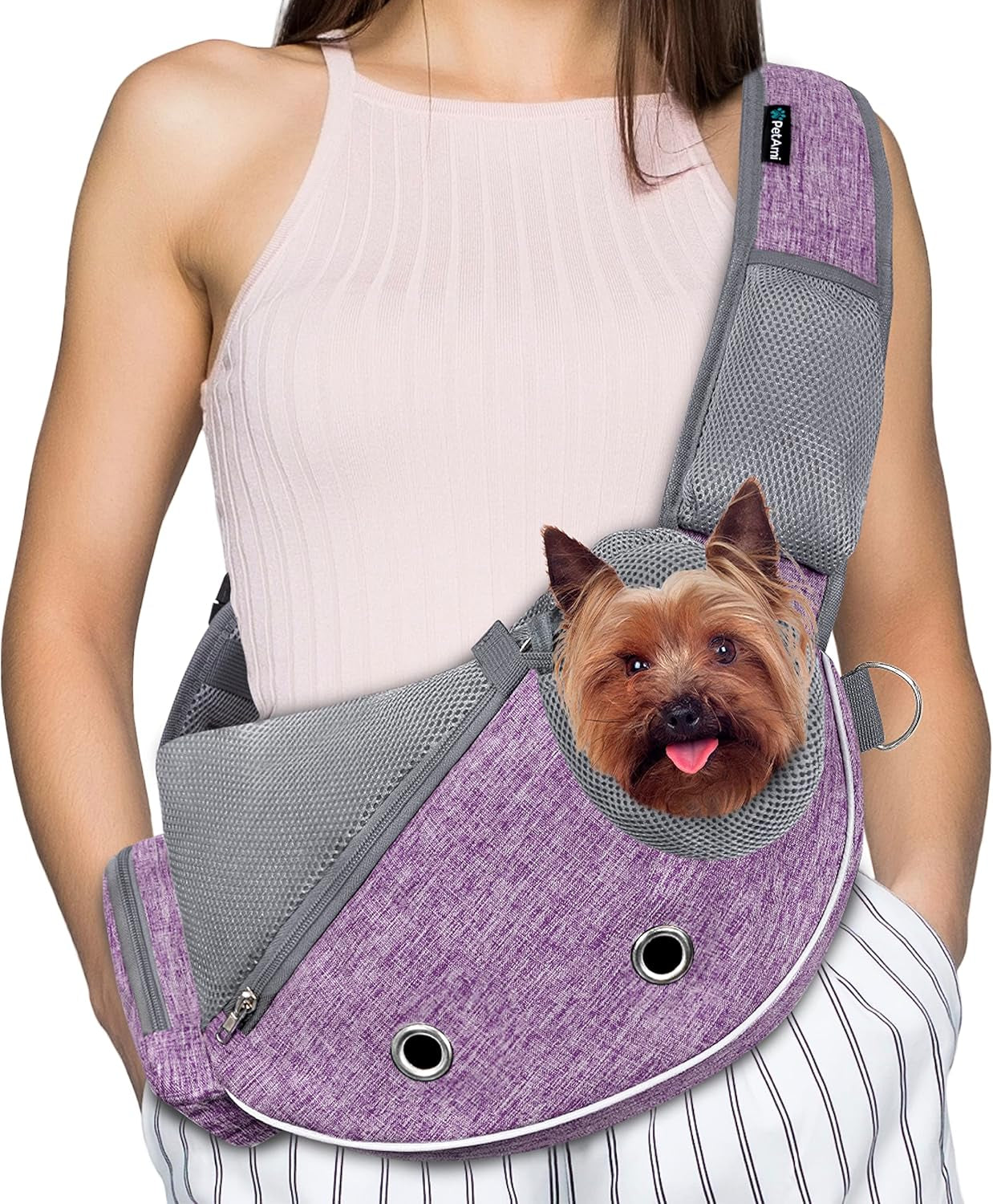 Dog Sling Carrier for Small Dogs, Puppy Carrier Sling Purse, Dog Bags for Traveling, Carrying Bag to Wear Medium Cat, Adjustable Crossbody Pet Sling Travel Poop Bag Dispenser, Max 10Lbs, Purple