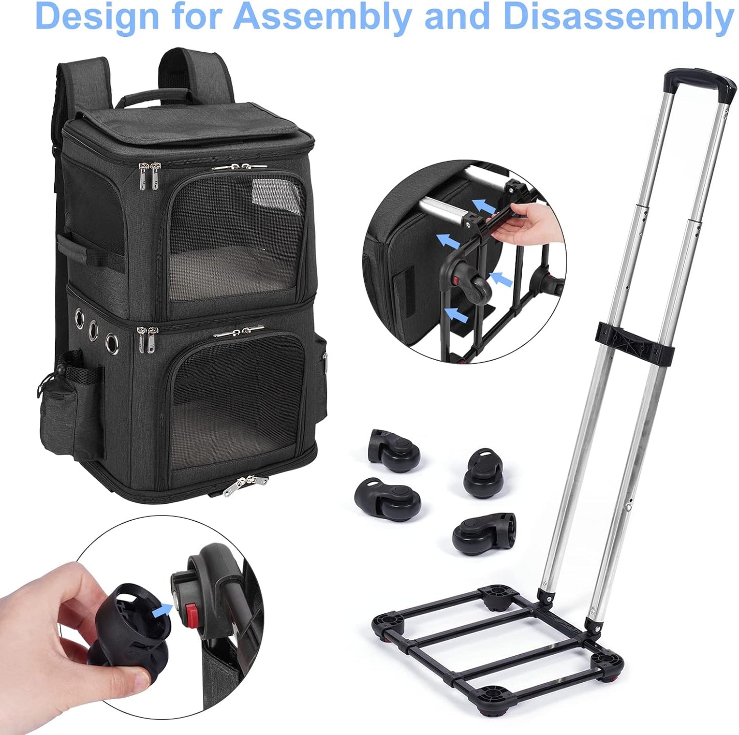 Double-Compartment Pet Carrier Backpack with Wheels for Small Cats and Dogs, Cat Rolling Carrier for 2 Cats, Perfect for Traveling/Taking a Walk/Trips to the Vet, Black