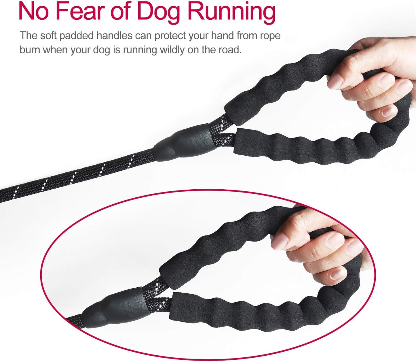 10 FT Strong Dog Leash Extra Heavy Duty Rock Climbing Rope Comfortable Padded Handle Highly Reflective Threads for Small Medium Large Dogs, 1/2 Inch Diameter (Black Black)