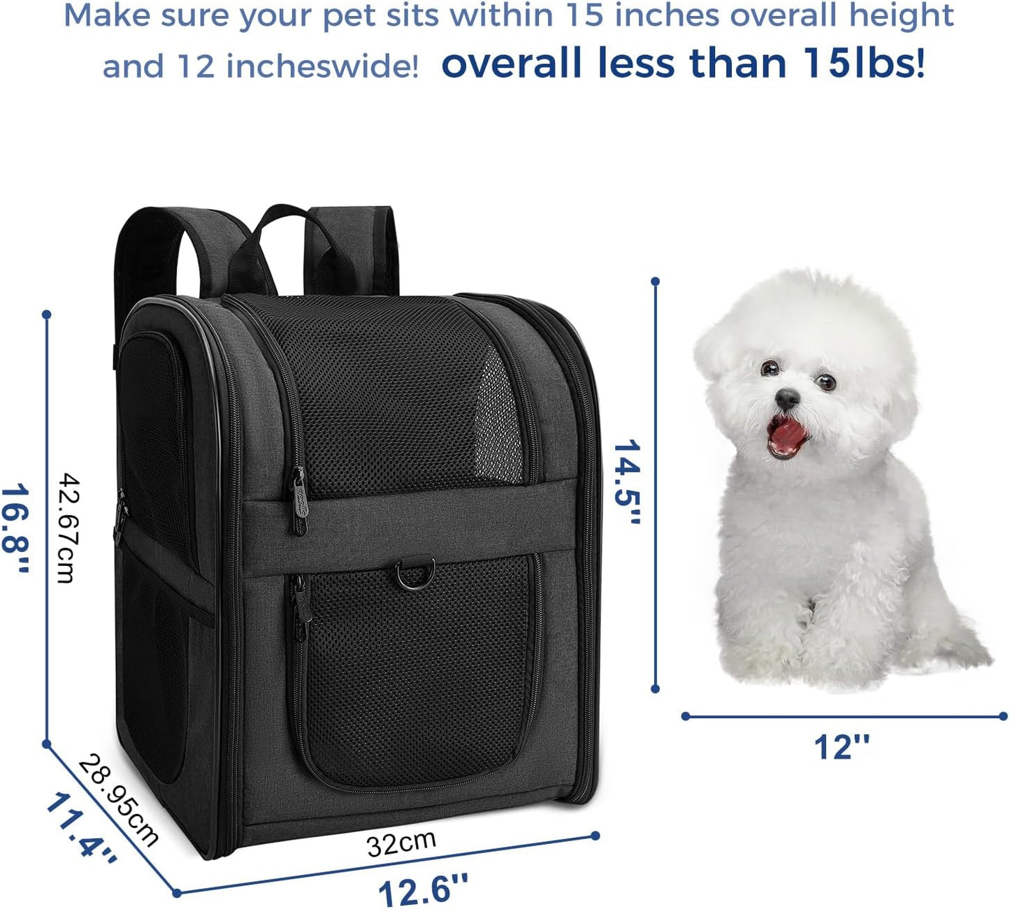 Dog & Cat Carrier Backpack for 4-15Lb Pets - Ventilated Safe Design with Padded Back Support, Breathable Mesh Pet Backpack for Hiking, Travel, Outdoor (Black)