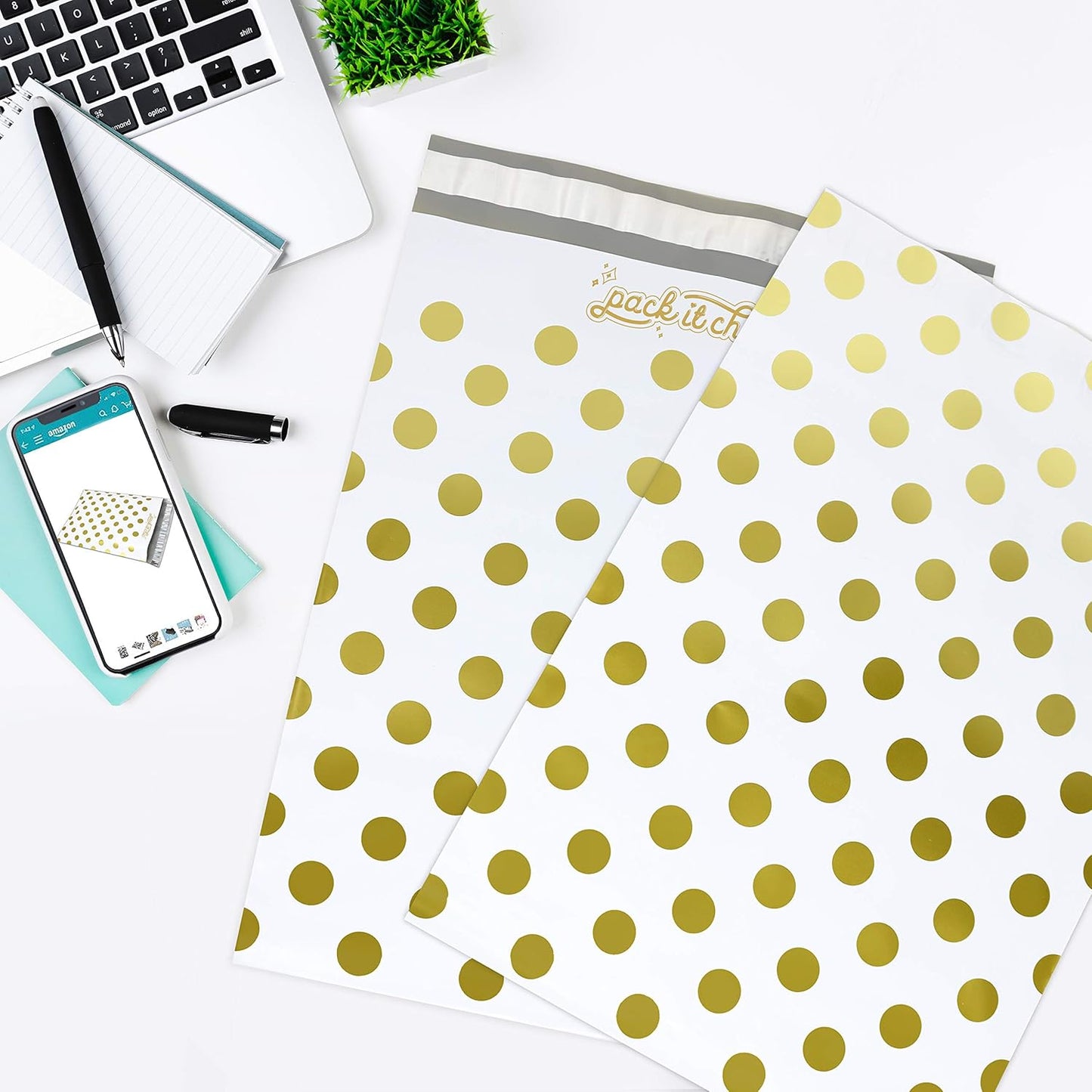 - 10X13 (100 Pack) Gold Polka Dot Poly Mailer Envelope Plastic Custom Mailing & Shipping Bags - Self Seal