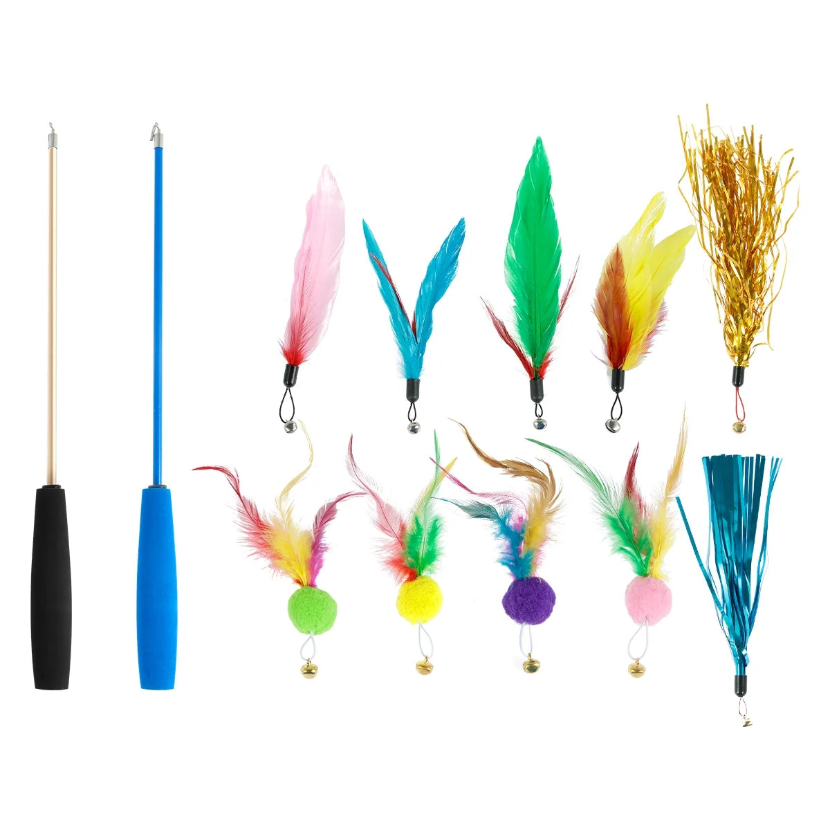10 Pcs Cat Toys Set Cat Wand Toys Interactive Cat Feather Wand 39Inch Retractable Cat Wand Toy with Cat Feather Toys Telescopic Cat Fishing Pole Toy Cat Teaser Toy for Cats Play Exercise