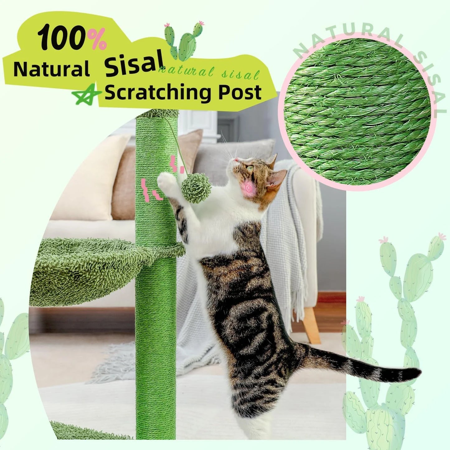 33" Cactus Cat Scratching Post Large Cat Scratcher with Big Hammock for Indoor Pet Green