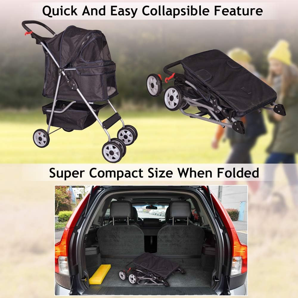 4 Wheel Pet Stroller Cat Dog Cage Stroller Travel Folding Carrier with Cup Holder and Removable Lining for Small and Medium Dogs, Cats (Black)