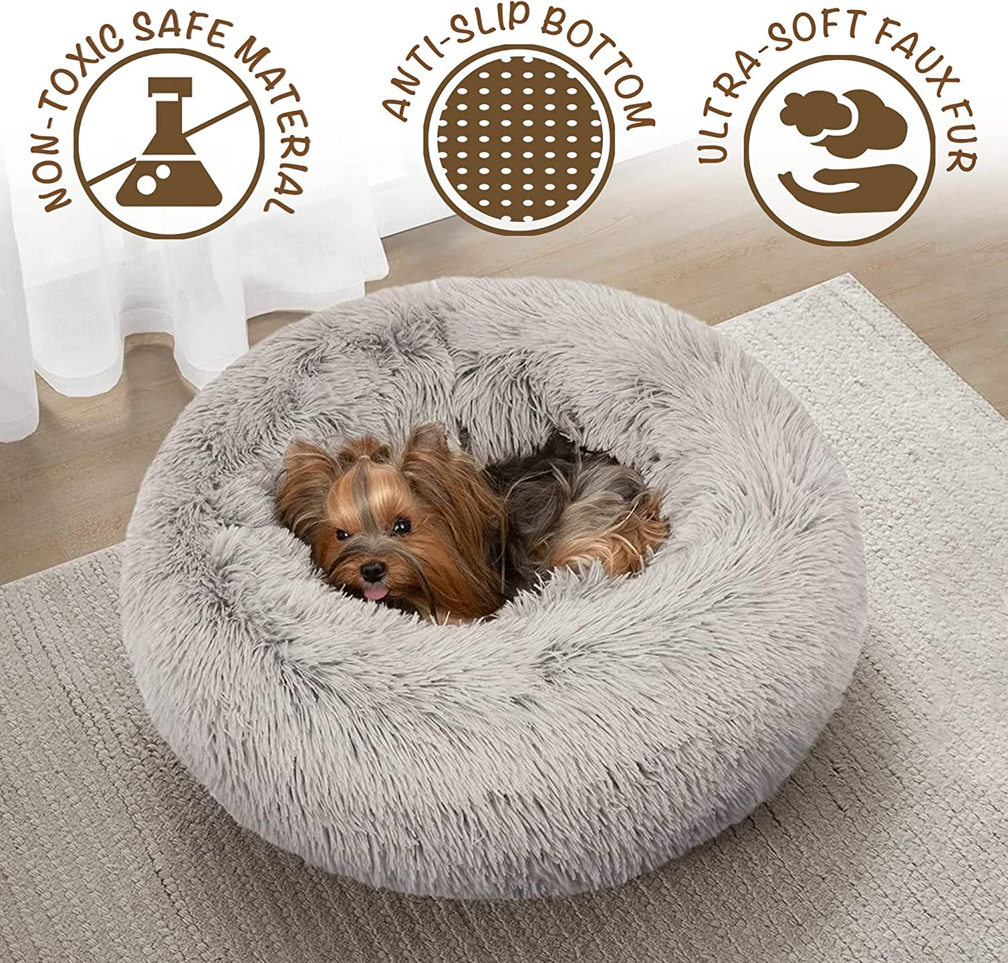 Luxurious Faux Fur Calming Dog Bed - Plush Anti-Anxiety Sofa for Small Dogs, Machine Washable & Non-Slip, 23" x 23" x 6", Elegant Grey