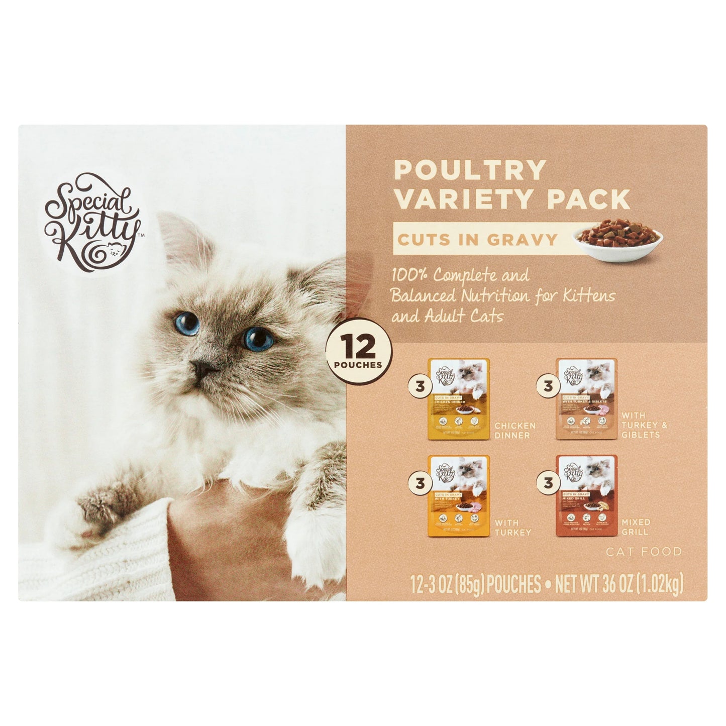 (2 Pack) Chicken Dinner and Turkey and Giblets and Mixed Grill Cuts in Gravy Wet Cat Food Poultry Variety Pack, 12 Count