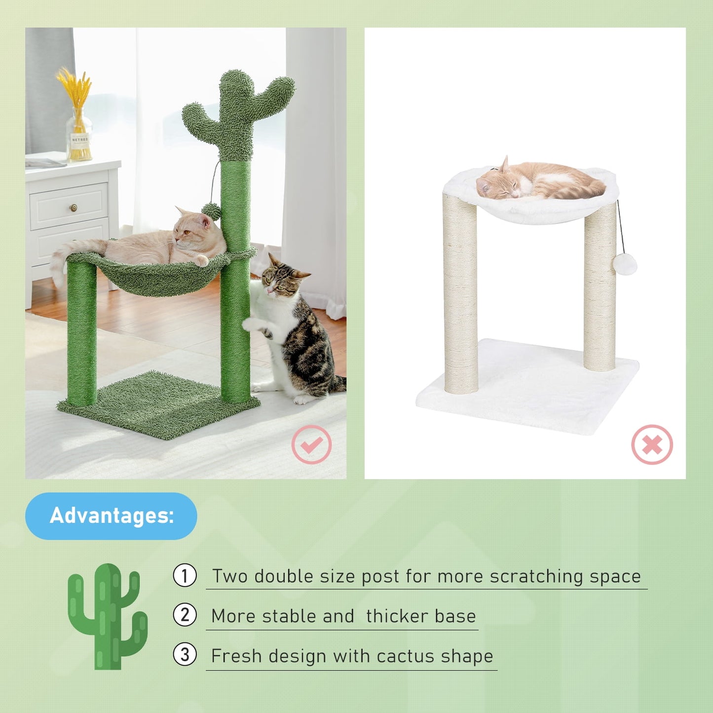 33" Cactus Cat Scratching Post Large Cat Scratcher with Big Hammock for Indoor Pet Green