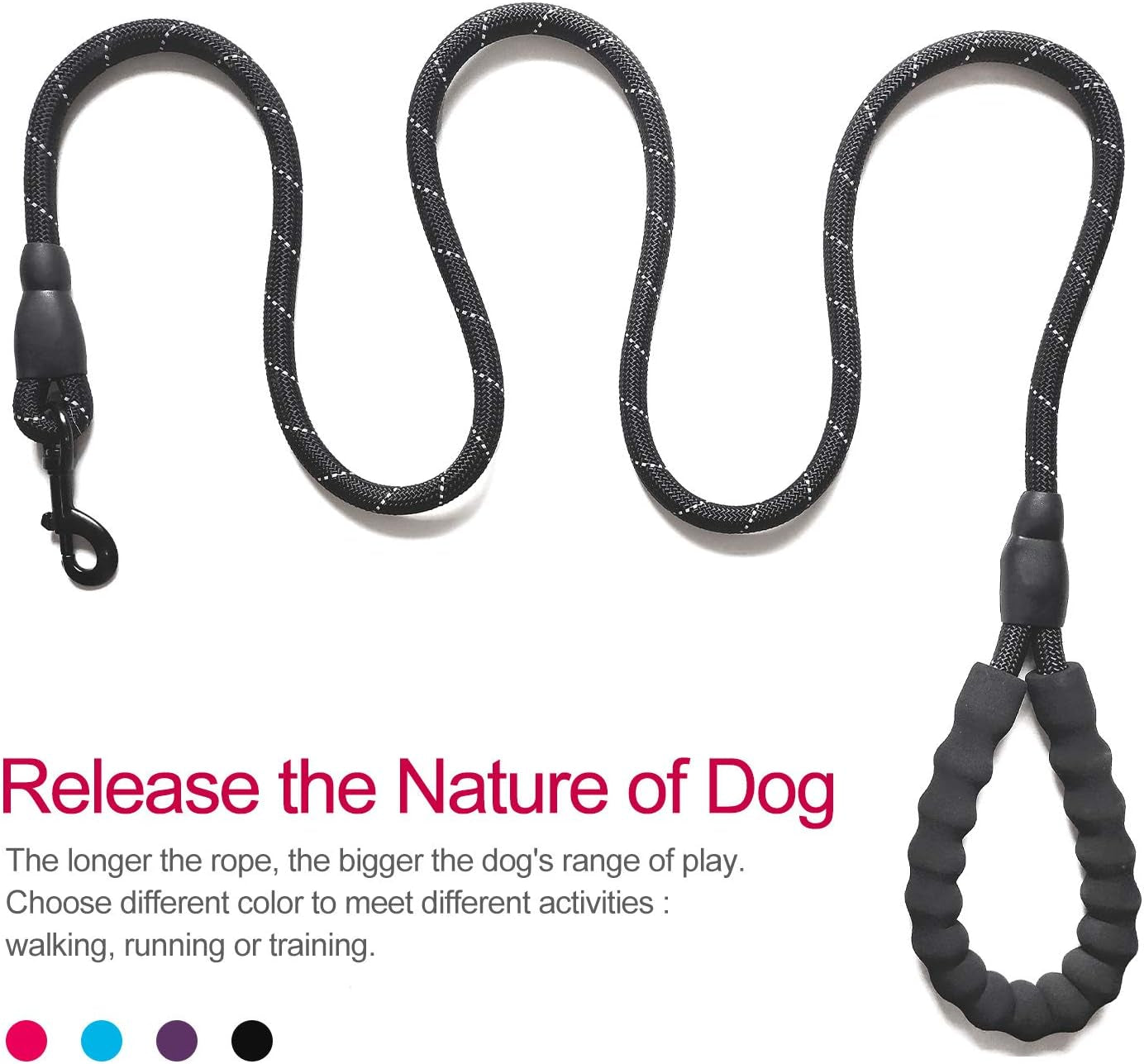 10 FT Strong Dog Leash Extra Heavy Duty Rock Climbing Rope Comfortable Padded Handle Highly Reflective Threads for Small Medium Large Dogs, 1/2 Inch Diameter (Black Black)