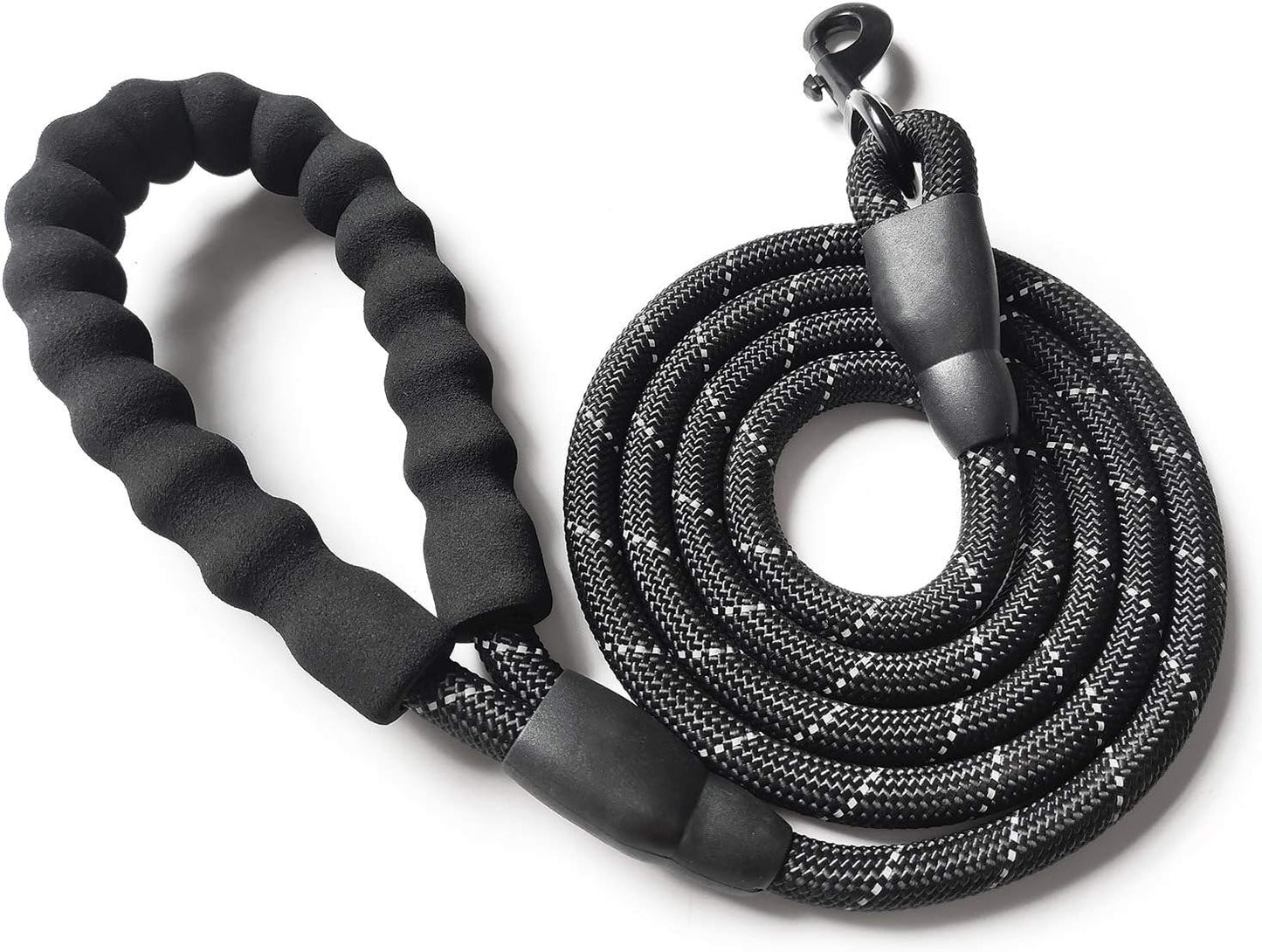 10 FT Strong Dog Leash Extra Heavy Duty Rock Climbing Rope Comfortable Padded Handle Highly Reflective Threads for Small Medium Large Dogs, 1/2 Inch Diameter (Black Black)