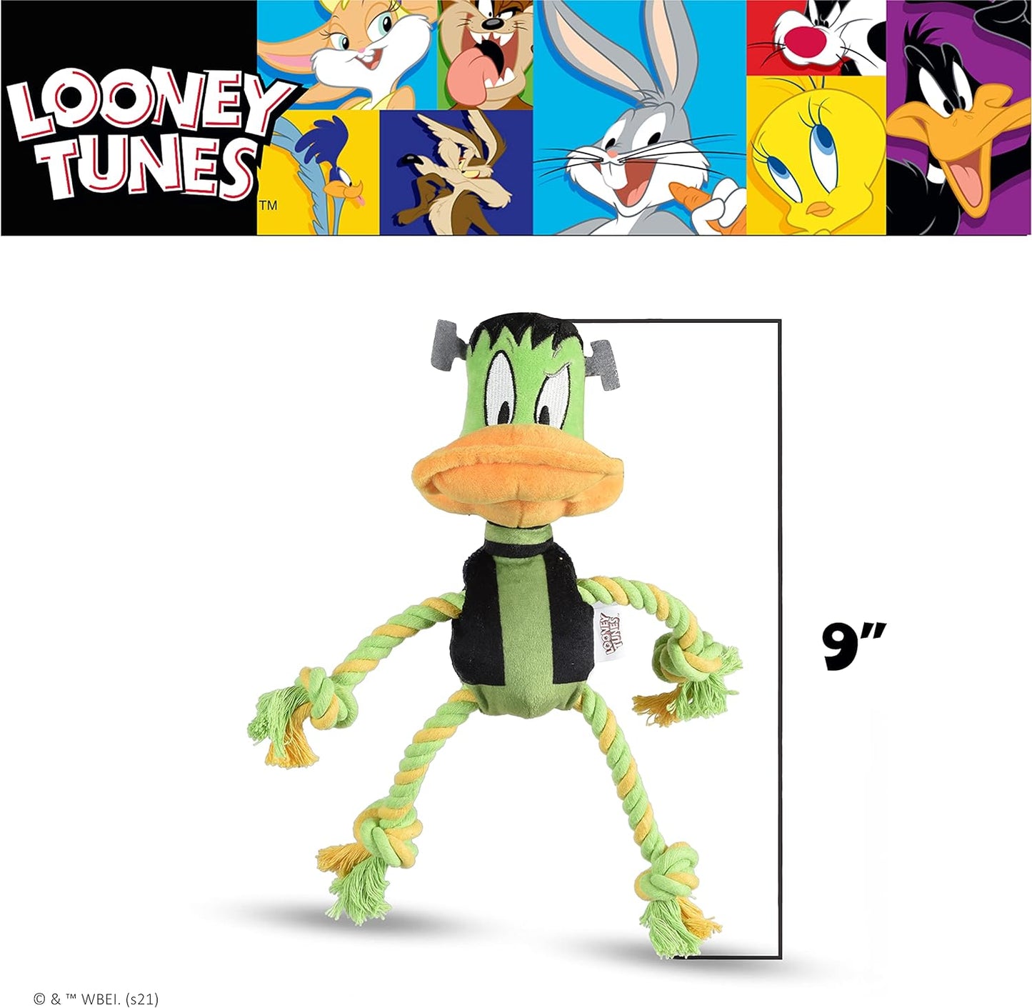Daffy Duck Plush Frankenstein Halloween Squeaky Chew Toy for Dogs - 9 Inch Rope Pull Fun!