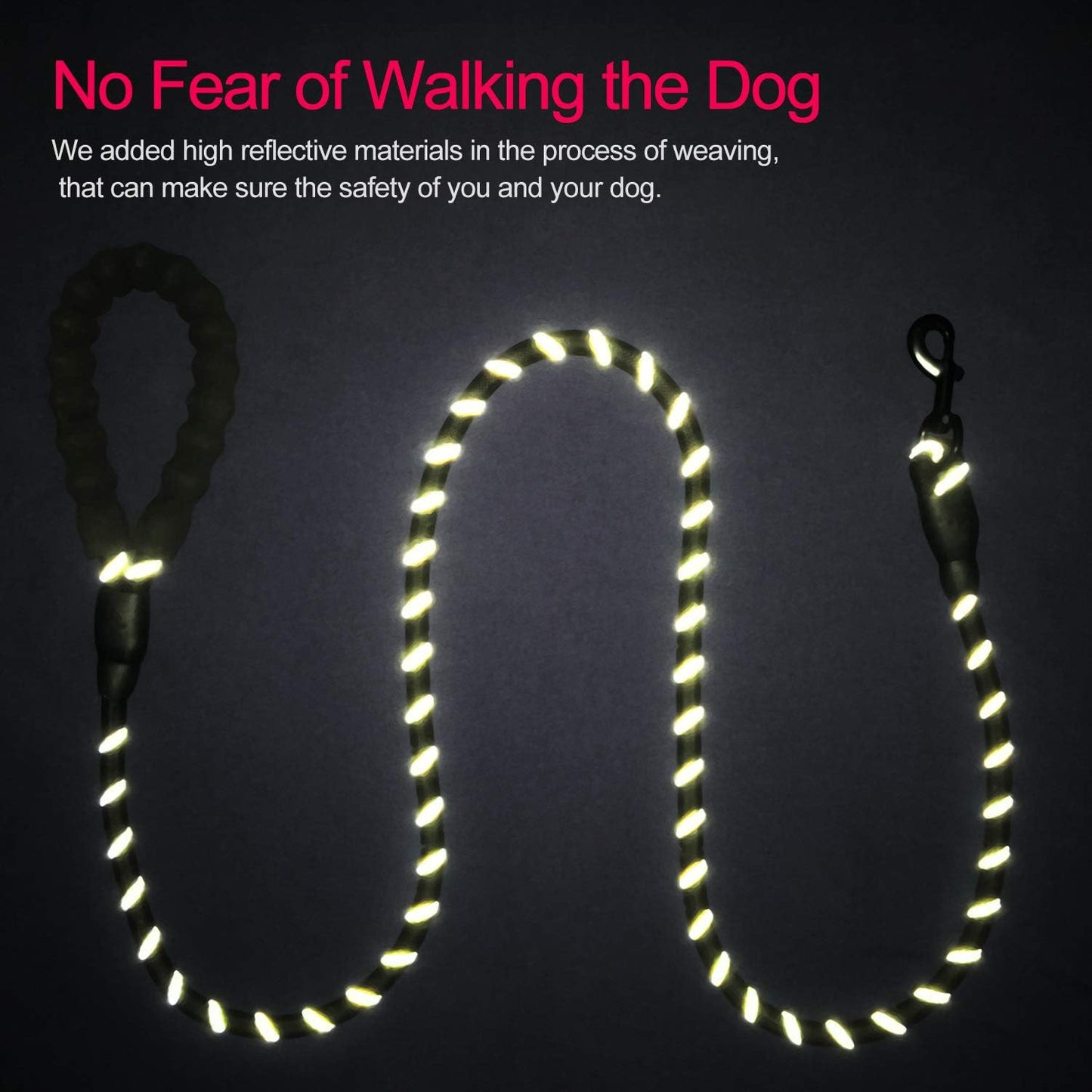 10 FT Strong Dog Leash Extra Heavy Duty Rock Climbing Rope Comfortable Padded Handle Highly Reflective Threads for Small Medium Large Dogs, 1/2 Inch Diameter (Black Black)