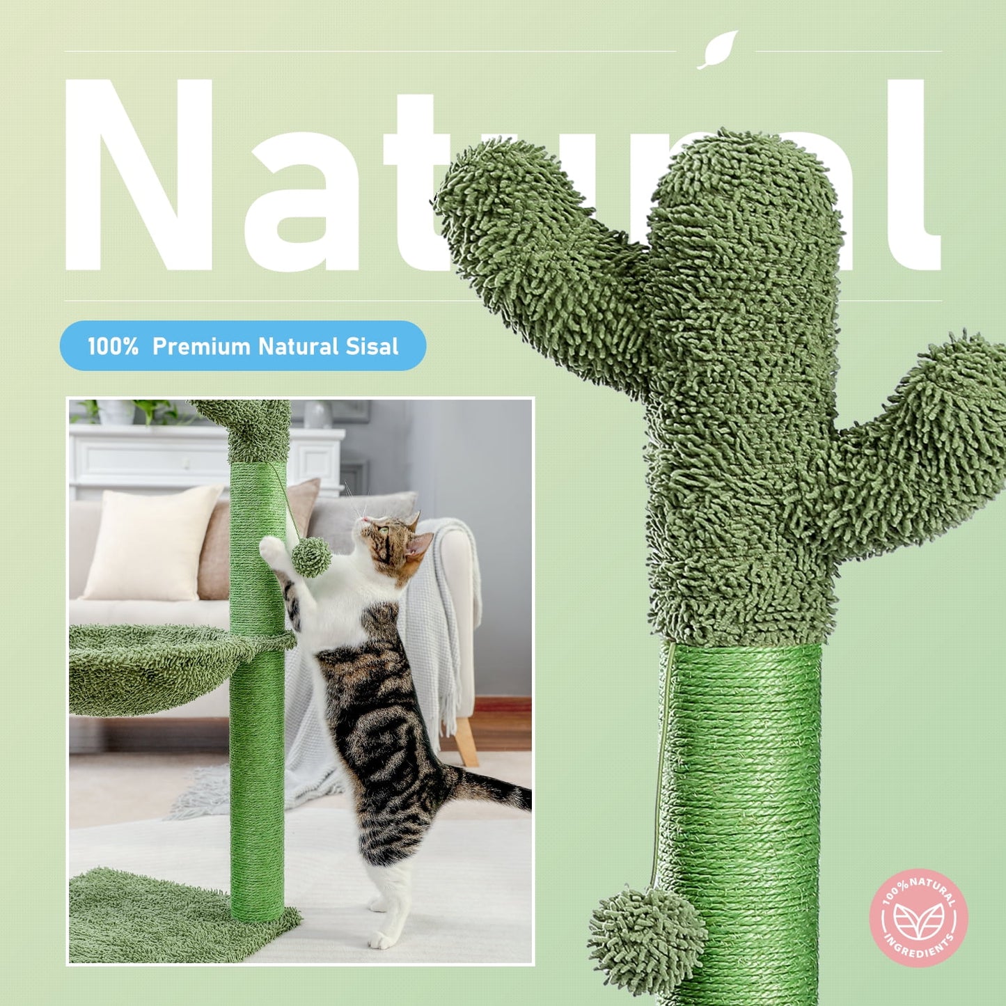33" Cactus Cat Scratching Post Large Cat Scratcher with Big Hammock for Indoor Pet Green