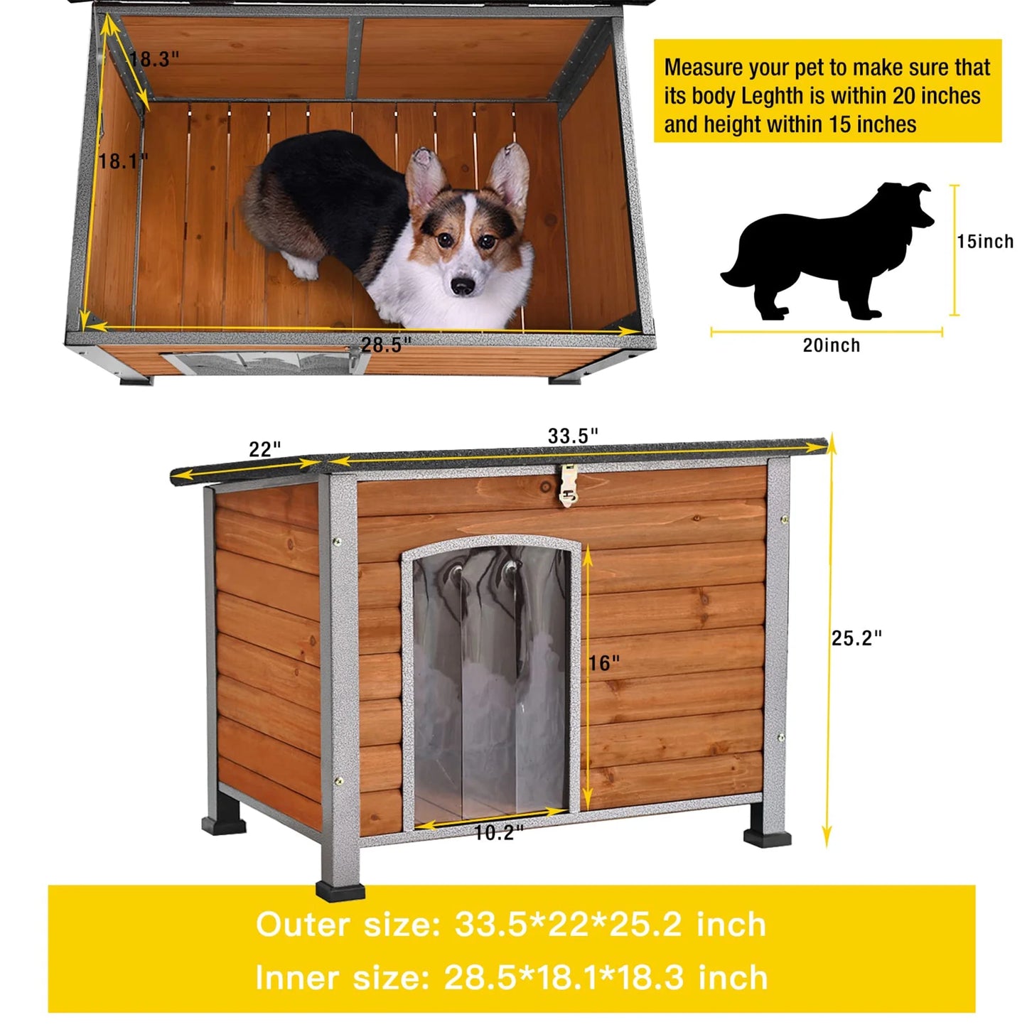 Wooden Dog House Anti-Chewing Kennels for Outdoor & Indoor, Browm, Medium