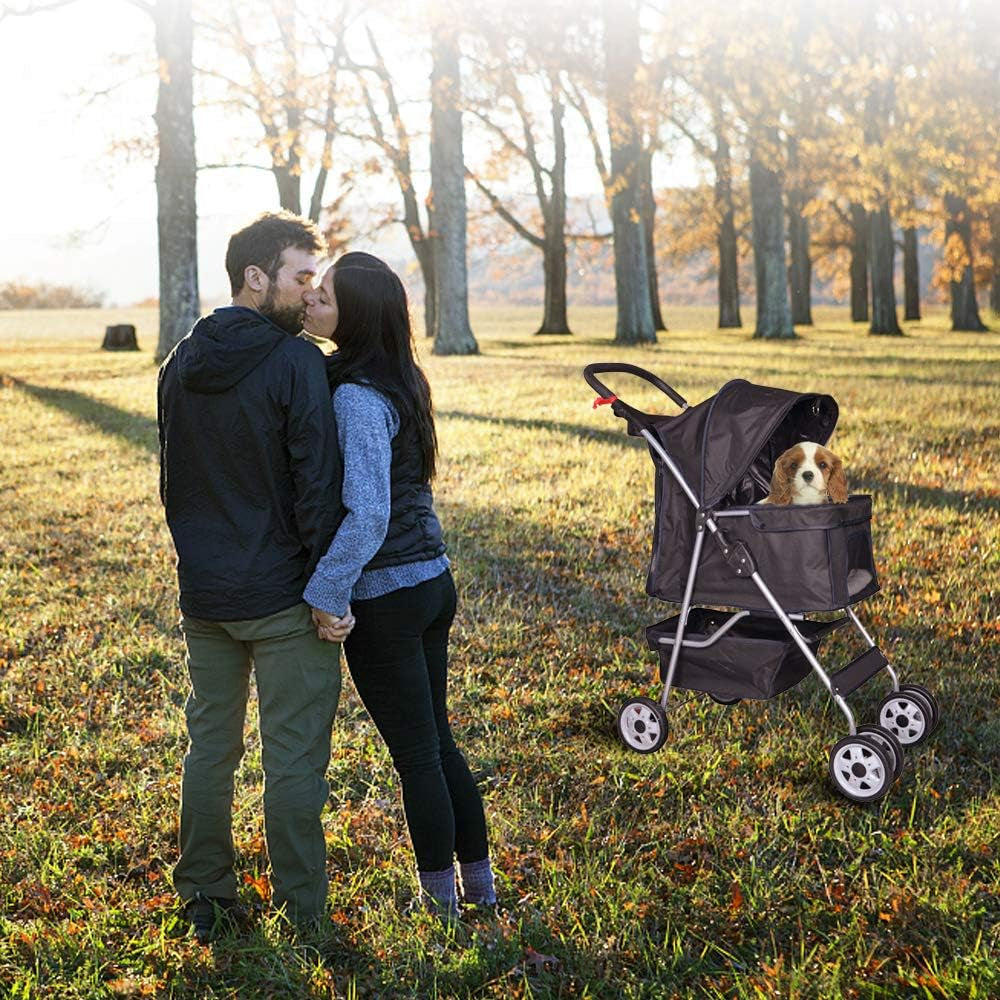 4 Wheel Pet Stroller Cat Dog Cage Stroller Travel Folding Carrier with Cup Holder and Removable Lining for Small and Medium Dogs, Cats (Black)