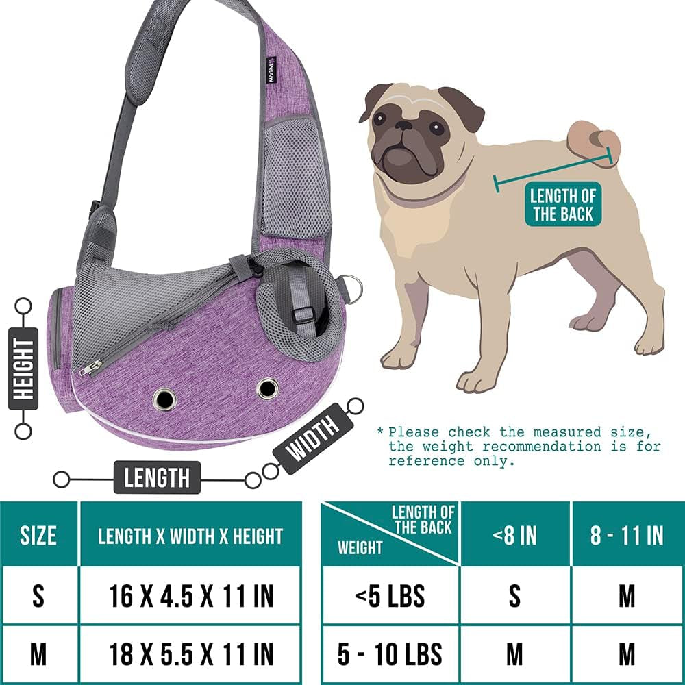 Dog Sling Carrier for Small Dogs, Puppy Carrier Sling Purse, Dog Bags for Traveling, Carrying Bag to Wear Medium Cat, Adjustable Crossbody Pet Sling Travel Poop Bag Dispenser, Max 10Lbs, Purple