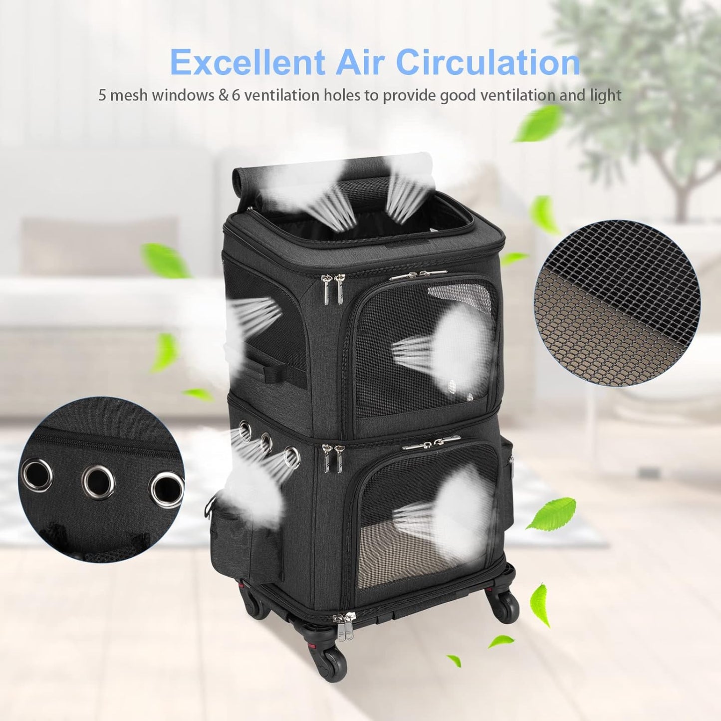 Double-Compartment Pet Carrier Backpack with Wheels for Small Cats and Dogs, Cat Rolling Carrier for 2 Cats, Perfect for Traveling/Taking a Walk/Trips to the Vet, Black