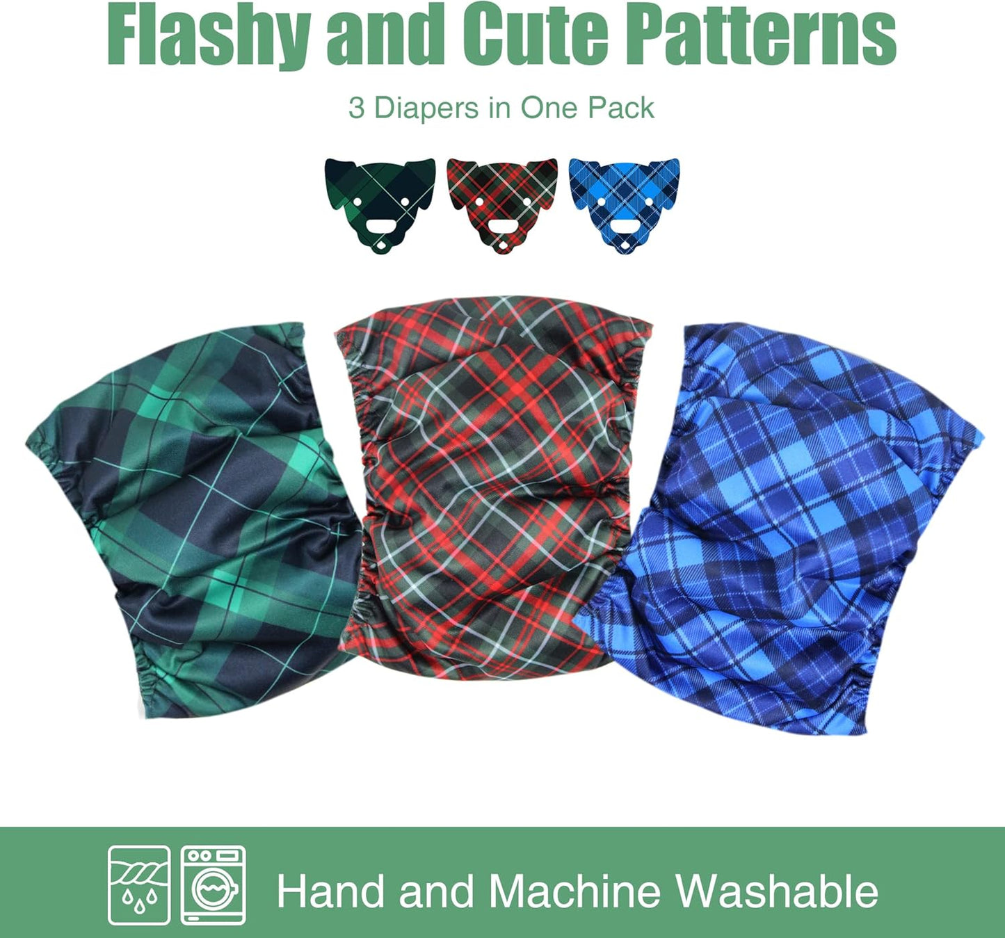 Washable Male Dog Belly Band (Stylish Pattern)- Pack of 3 - Washable Male Dog Belly Wrap, Dog Diapers Male (Blue, Green, Red Plaid, L)