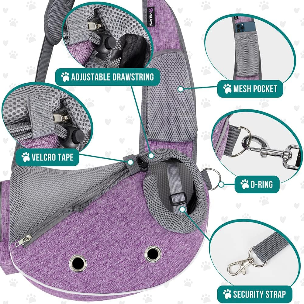 Dog Sling Carrier for Small Dogs, Puppy Carrier Sling Purse, Dog Bags for Traveling, Carrying Bag to Wear Medium Cat, Adjustable Crossbody Pet Sling Travel Poop Bag Dispenser, Max 10Lbs, Purple