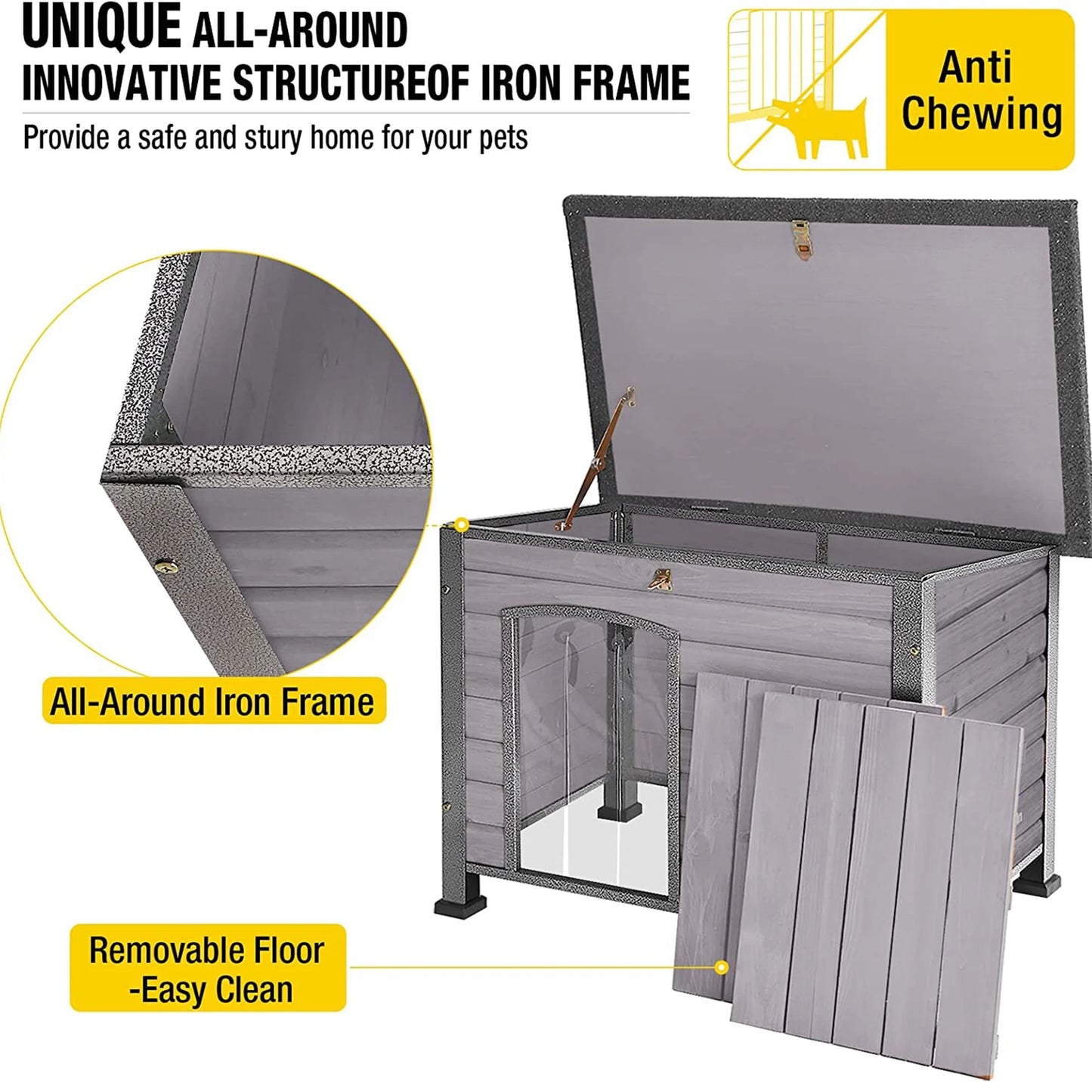 Wooden Dog House Anti-Chewing Kennels for Outdoor & Indoor, Gray, Medium
