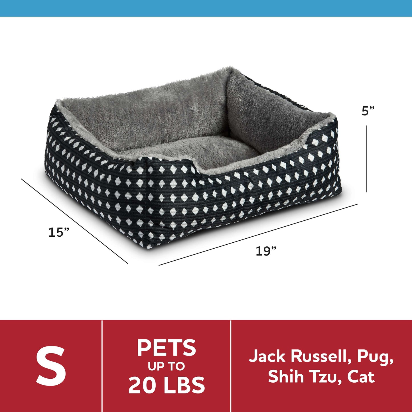 (3 Pack) Bed for Dogs & Cats, Plush Cuddler, Portable, Machine Washable, Black & White Diamonds, 19" × 15"