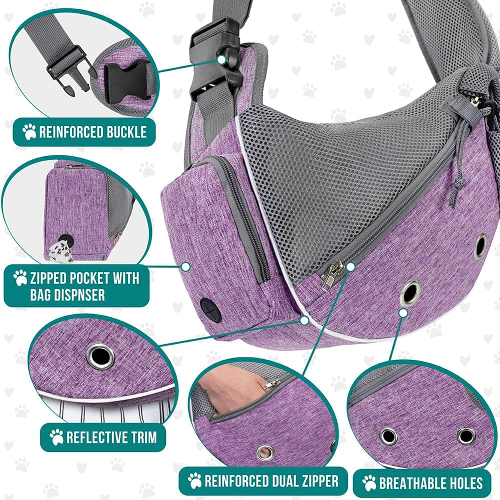 Dog Sling Carrier for Small Dogs, Puppy Carrier Sling Purse, Dog Bags for Traveling, Carrying Bag to Wear Medium Cat, Adjustable Crossbody Pet Sling Travel Poop Bag Dispenser, Max 10Lbs, Purple