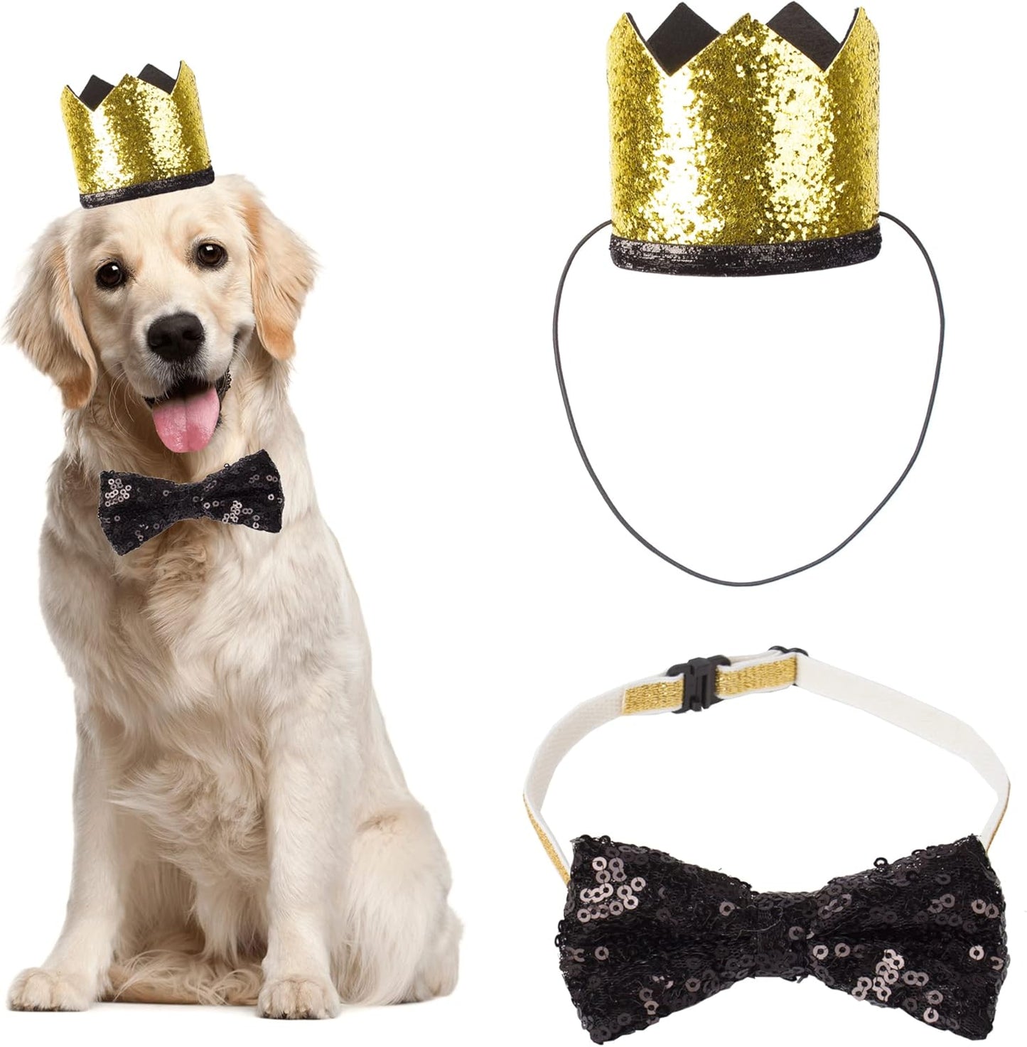 Chic Black Wedding Dog Hat and Bow Tie Set - Perfect Crown Cap & Collar for Pooch Celebrations