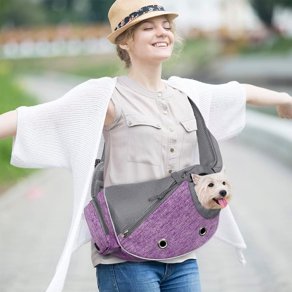 Dog Sling Carrier for Small Dogs, Puppy Carrier Sling Purse, Dog Bags for Traveling, Carrying Bag to Wear Medium Cat, Adjustable Crossbody Pet Sling Travel Poop Bag Dispenser, Max 10Lbs, Purple