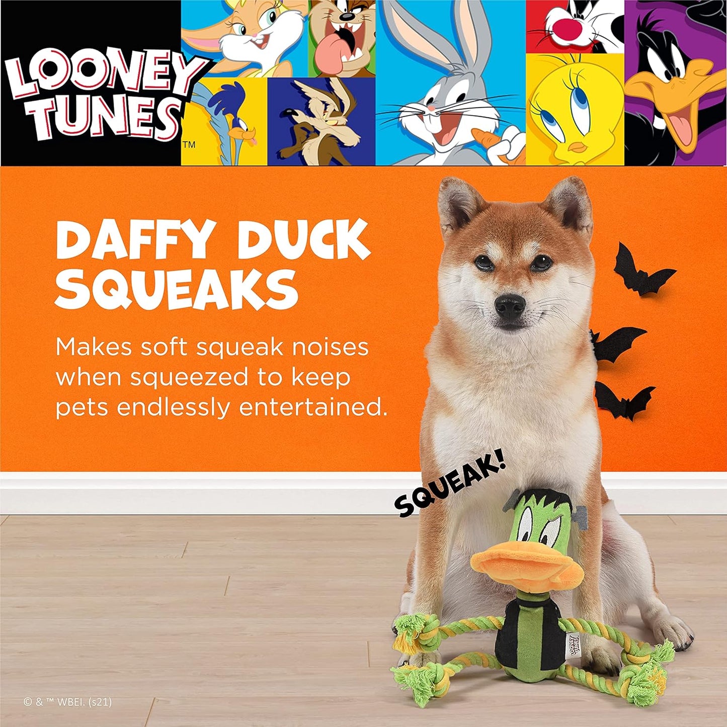 Daffy Duck Plush Frankenstein Halloween Squeaky Chew Toy for Dogs - 9 Inch Rope Pull Fun!