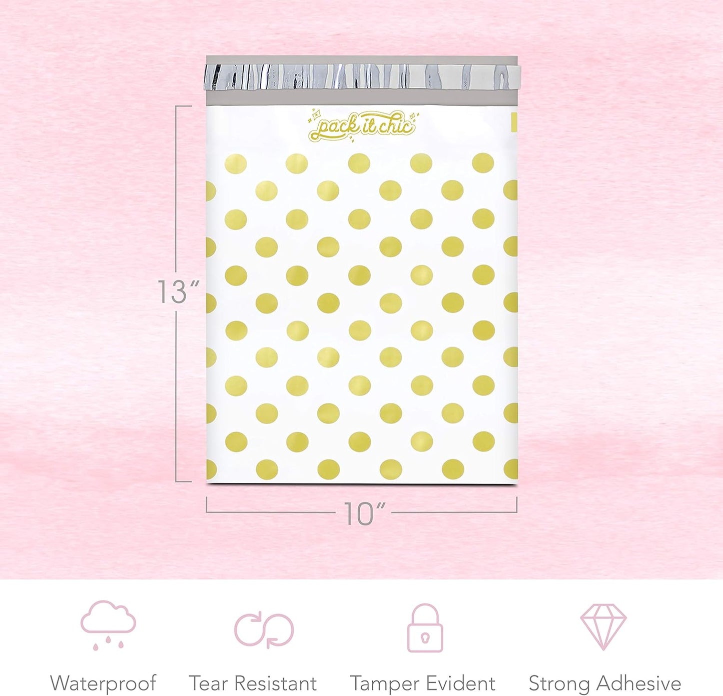- 10X13 (100 Pack) Gold Polka Dot Poly Mailer Envelope Plastic Custom Mailing & Shipping Bags - Self Seal