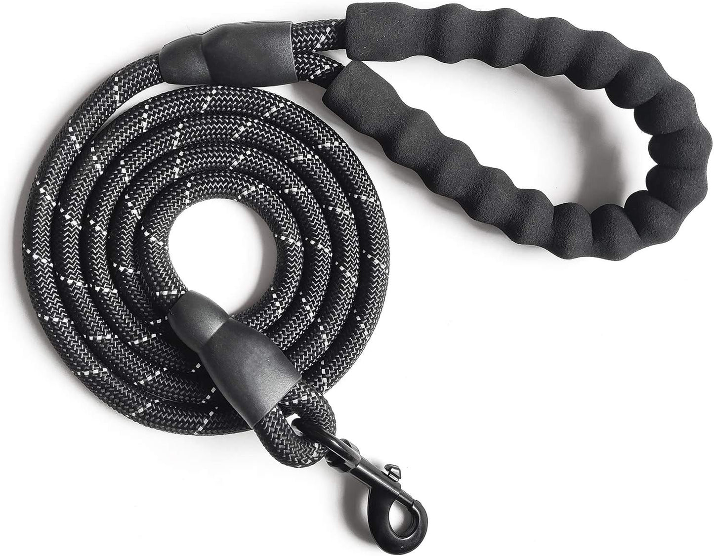 10 FT Strong Dog Leash Extra Heavy Duty Rock Climbing Rope Comfortable Padded Handle Highly Reflective Threads for Small Medium Large Dogs, 1/2 Inch Diameter (Black Black)