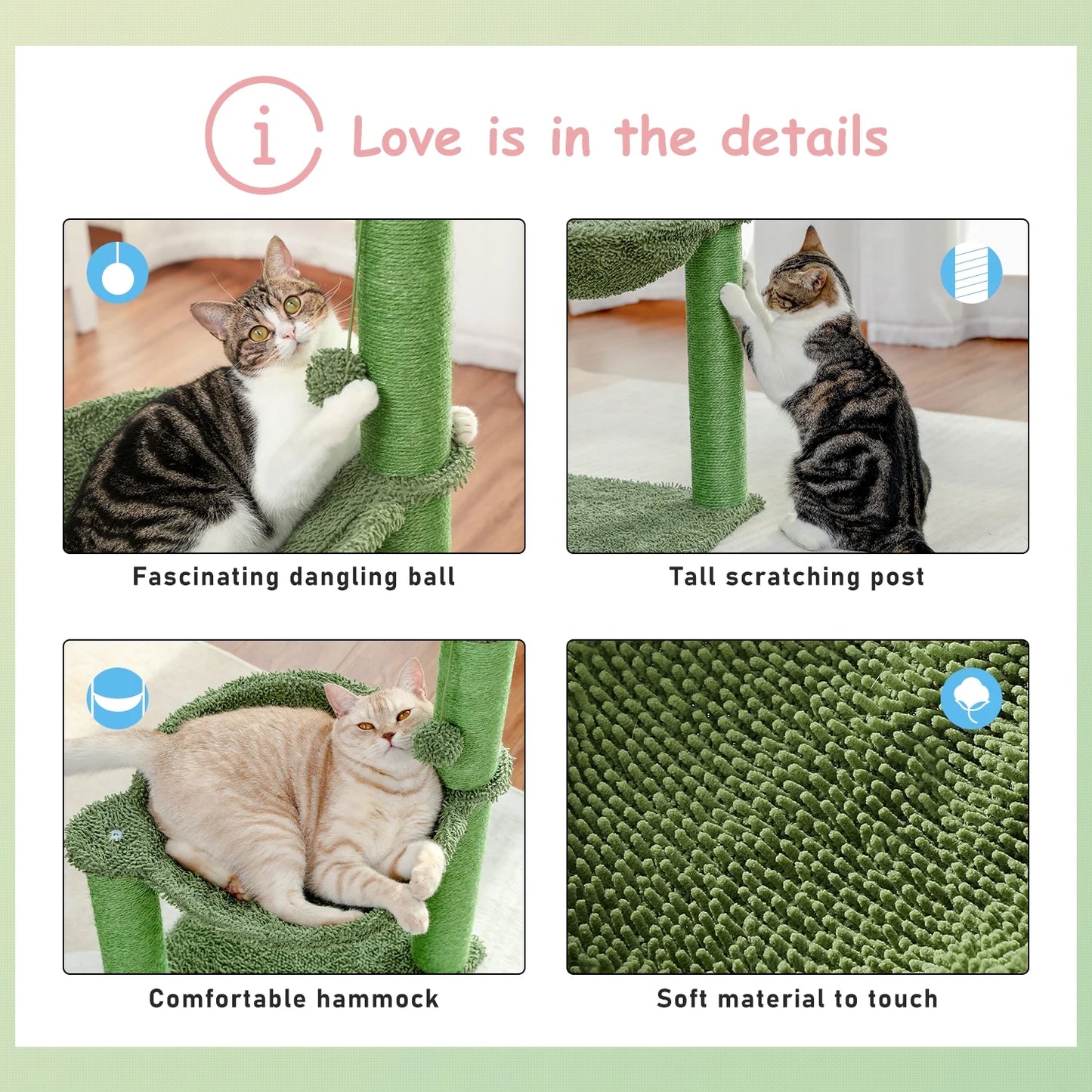 33" Cactus Cat Scratching Post Large Cat Scratcher with Big Hammock for Indoor Pet Green
