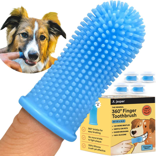 Dog Toothbrush, 360º Dog Tooth Brushing Kit, Cat Toothbrush, Dog Teeth Cleaning, Dog Finger Toothbrush, Dog Tooth Brush for Small & Large Pets, Dog Toothpaste Not Included, 4-Pack Blue