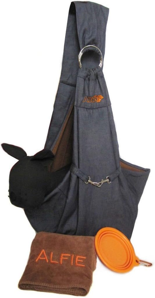 Pet - 3-Piece Dog Park Bundle: Chico 2.0 Revisible Pet Sling Carrier, Microfiber Fast-Dry Towel, Rosh Collapsible Travel Bowl - Color: Denim Sling, Orange Bowl