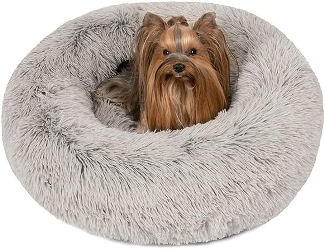Luxurious Faux Fur Calming Dog Bed - Plush Anti-Anxiety Sofa for Small Dogs, Machine Washable & Non-Slip, 23" x 23" x 6", Elegant Grey