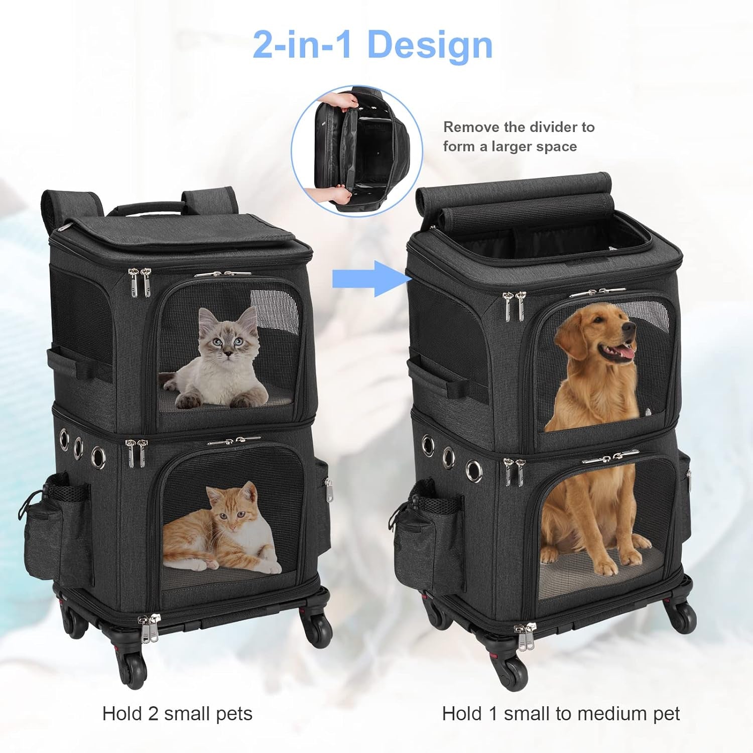 Double-Compartment Pet Carrier Backpack with Wheels for Small Cats and Dogs, Cat Rolling Carrier for 2 Cats, Perfect for Traveling/Taking a Walk/Trips to the Vet, Black