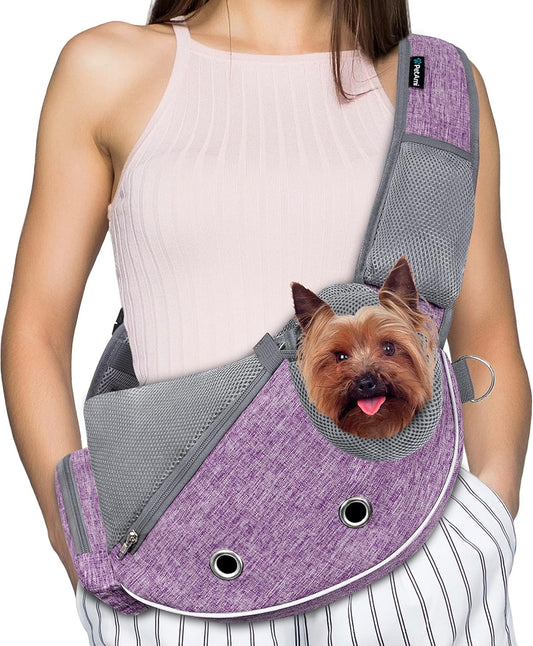 Dog Sling Carrier for Small Dogs, Puppy Carrier Sling Purse, Dog Bags for Traveling, Carrying Bag to Wear Medium Cat, Adjustable Crossbody Pet Sling Travel Poop Bag Dispenser, Max 10Lbs, Purple
