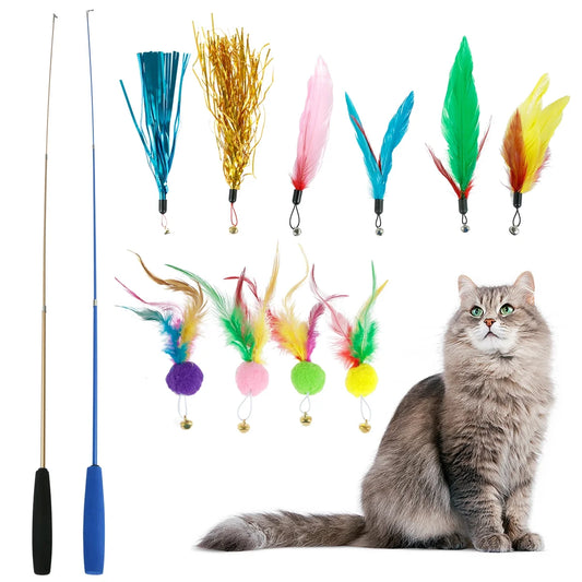 10 Pcs Cat Toys Set Cat Wand Toys Interactive Cat Feather Wand 39Inch Retractable Cat Wand Toy with Cat Feather Toys Telescopic Cat Fishing Pole Toy Cat Teaser Toy for Cats Play Exercise