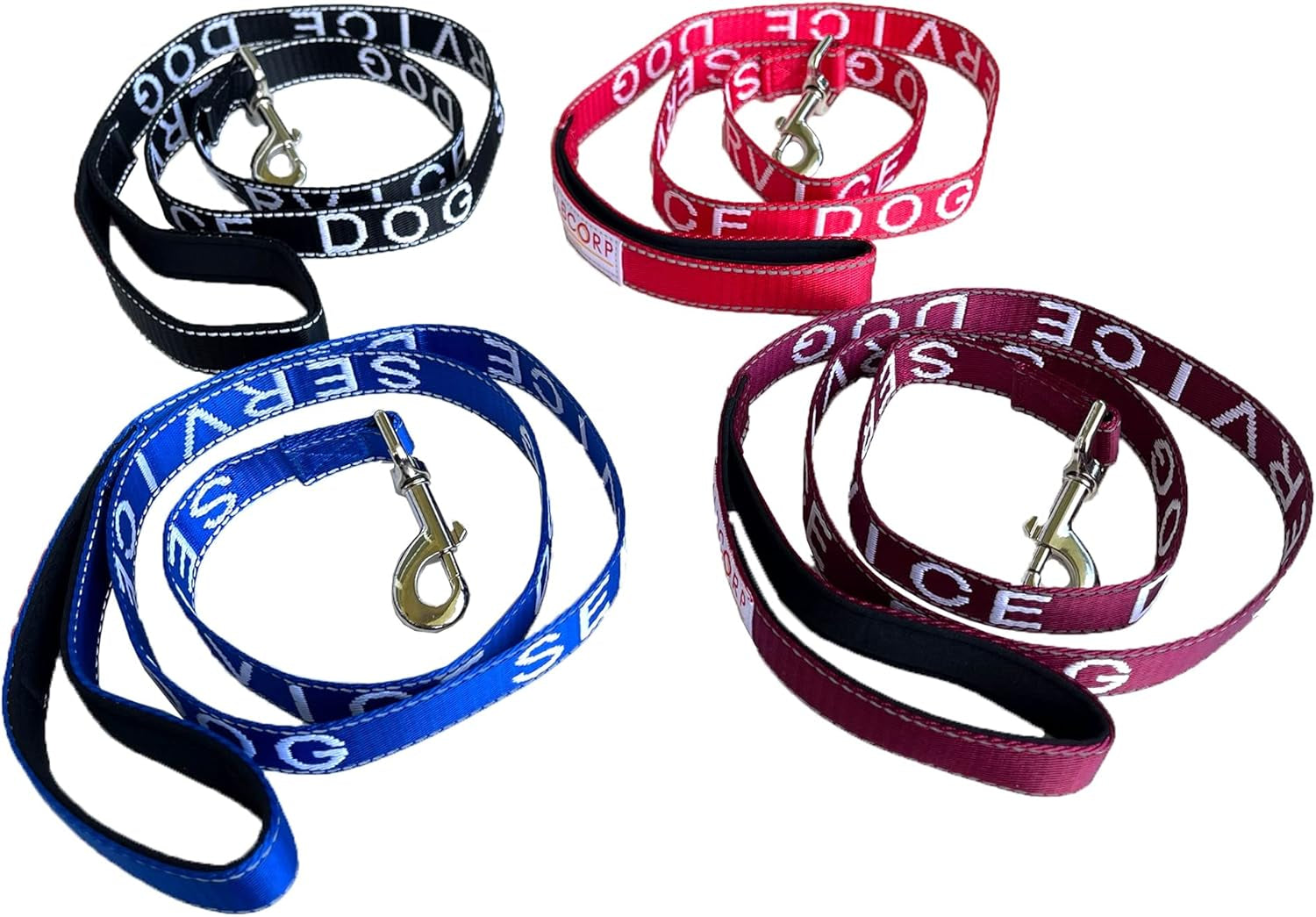 Service Dog Leash - Embroidered- with Padded Neoprene Handle and Reflective Threads, 4 Feet, for Harnesses, Vests or Collars, Maroon