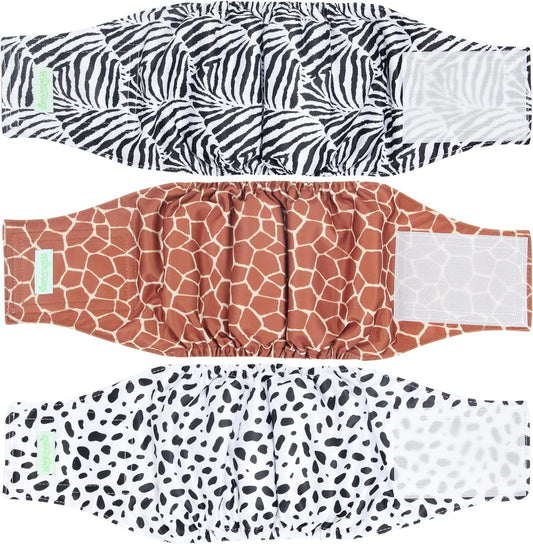 Washable Male Dog Belly Band (Stylish Pattern) - Pack of 3 - Washable Male Dog Belly Wrap, Dog Diapers Male (Zebra, Giraffe, Spotty, S)