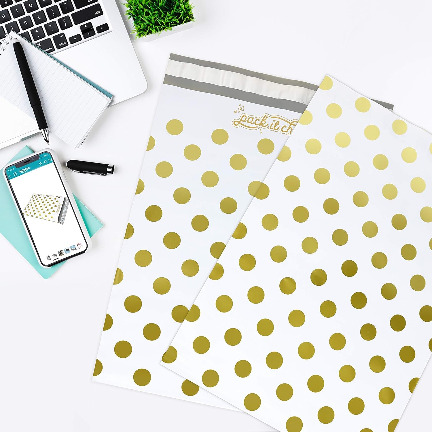 - 10X13 (100 Pack) Gold Polka Dot Poly Mailer Envelope Plastic Custom Mailing & Shipping Bags - Self Seal