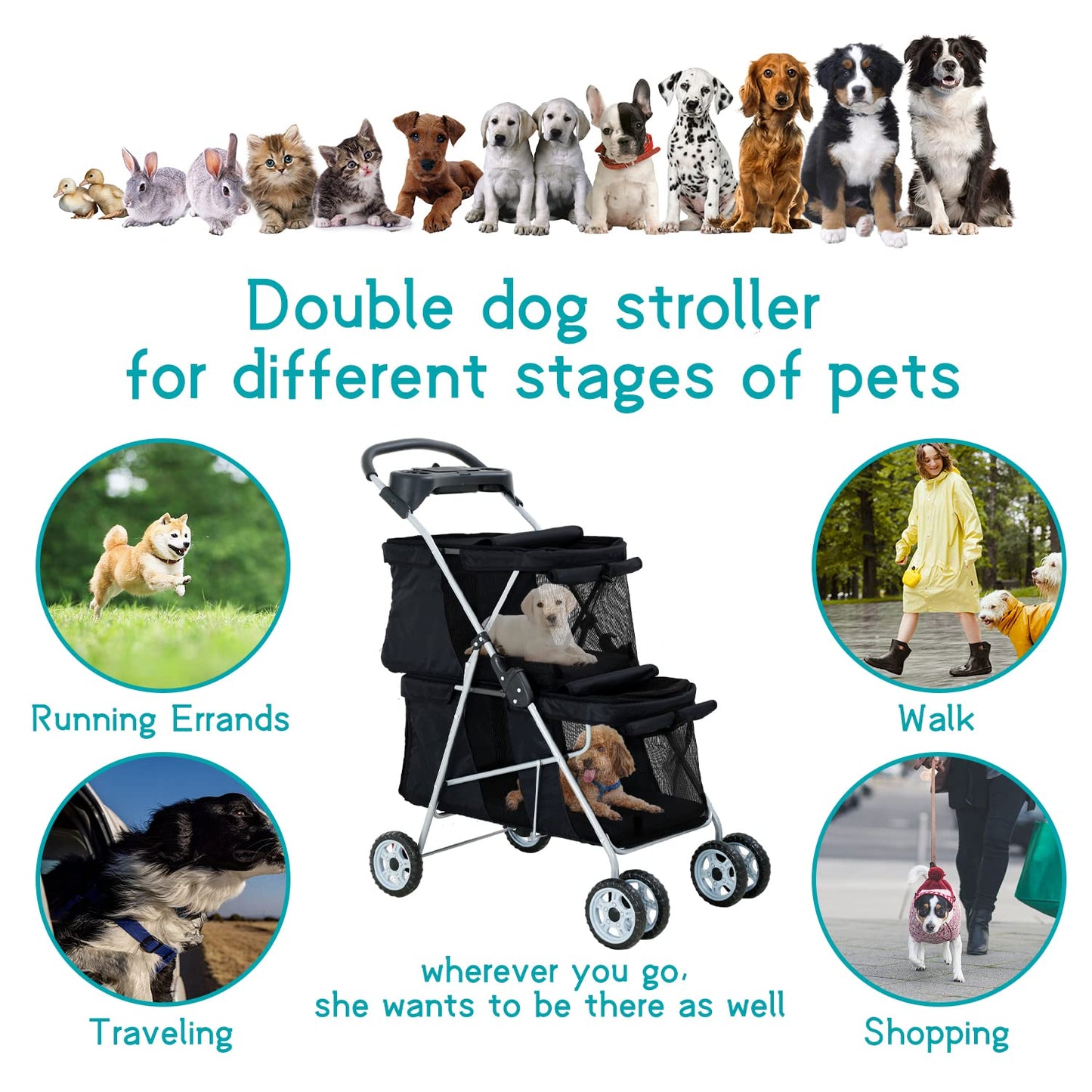 Double Pet Strollers for 2 Dogs and Cats 4 Wheel Doggie Small Medium Pets with Safety Belts Folding Portable Dog Cat Storage Basket Travel Jogger (Black), 30 X 19 40 Inch