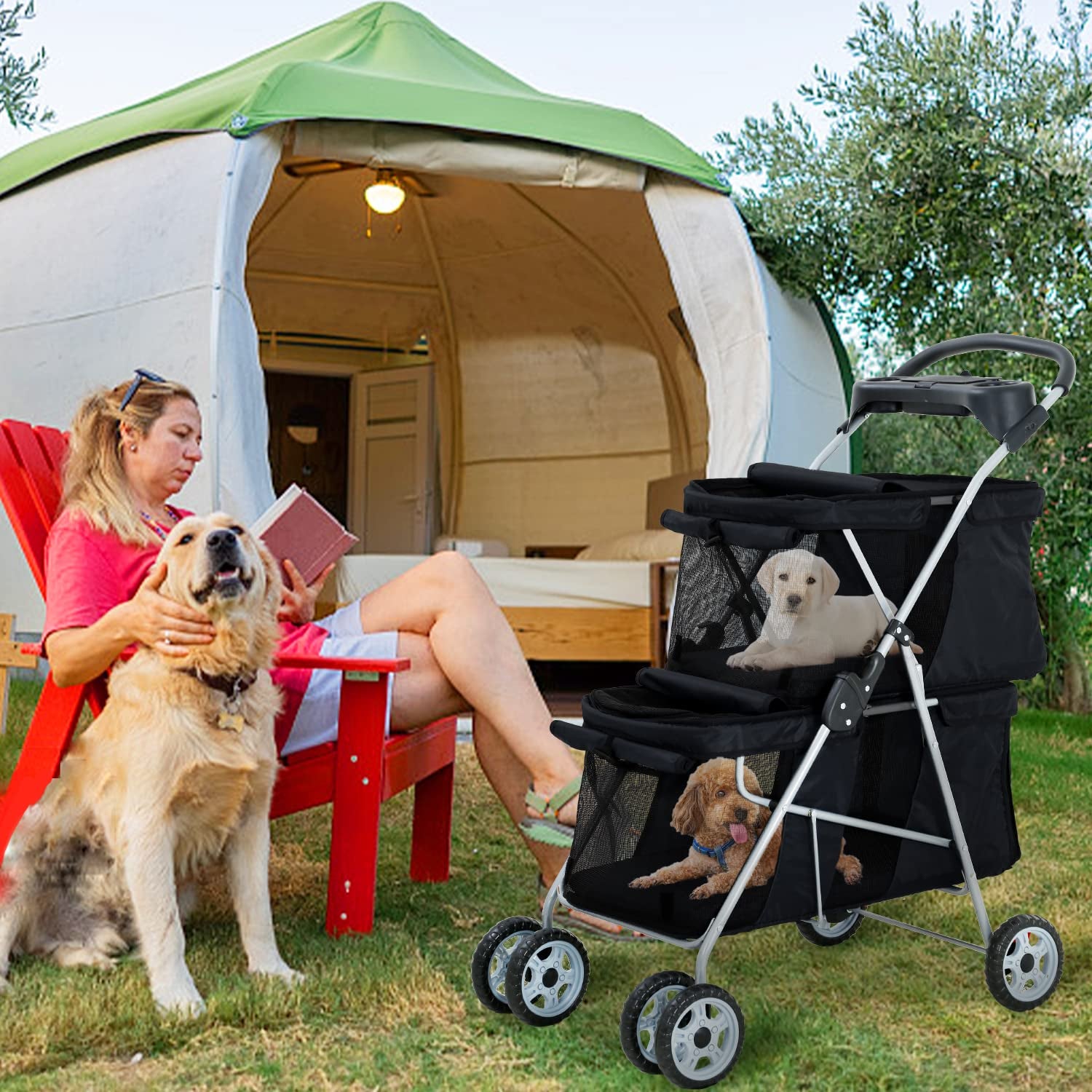 Double Pet Strollers for 2 Dogs and Cats 4 Wheel Doggie Small Medium Pets with Safety Belts Folding Portable Dog Cat Storage Basket Travel Jogger (Black), 30 X 19 40 Inch