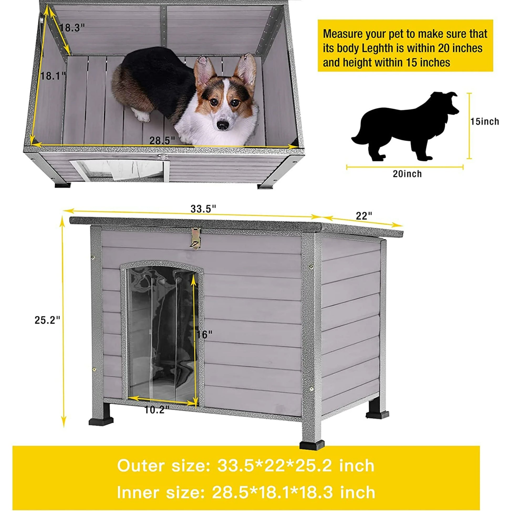 Wooden Dog House Anti-Chewing Kennels for Outdoor & Indoor, Gray, Medium