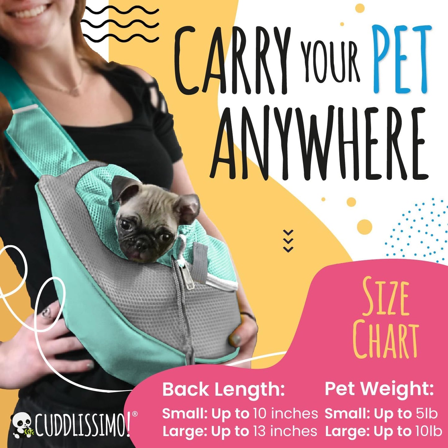 Pet Sling Carrier - Soft Front-Chest Carrying Bag for Small Pets (Ideal for Dogs, Puppies & Cats 6–10 Lbs) - Carefully Sized for Yorkshire Terrier, Maltese, Toy Poodle, Papillon -(Teal-L)