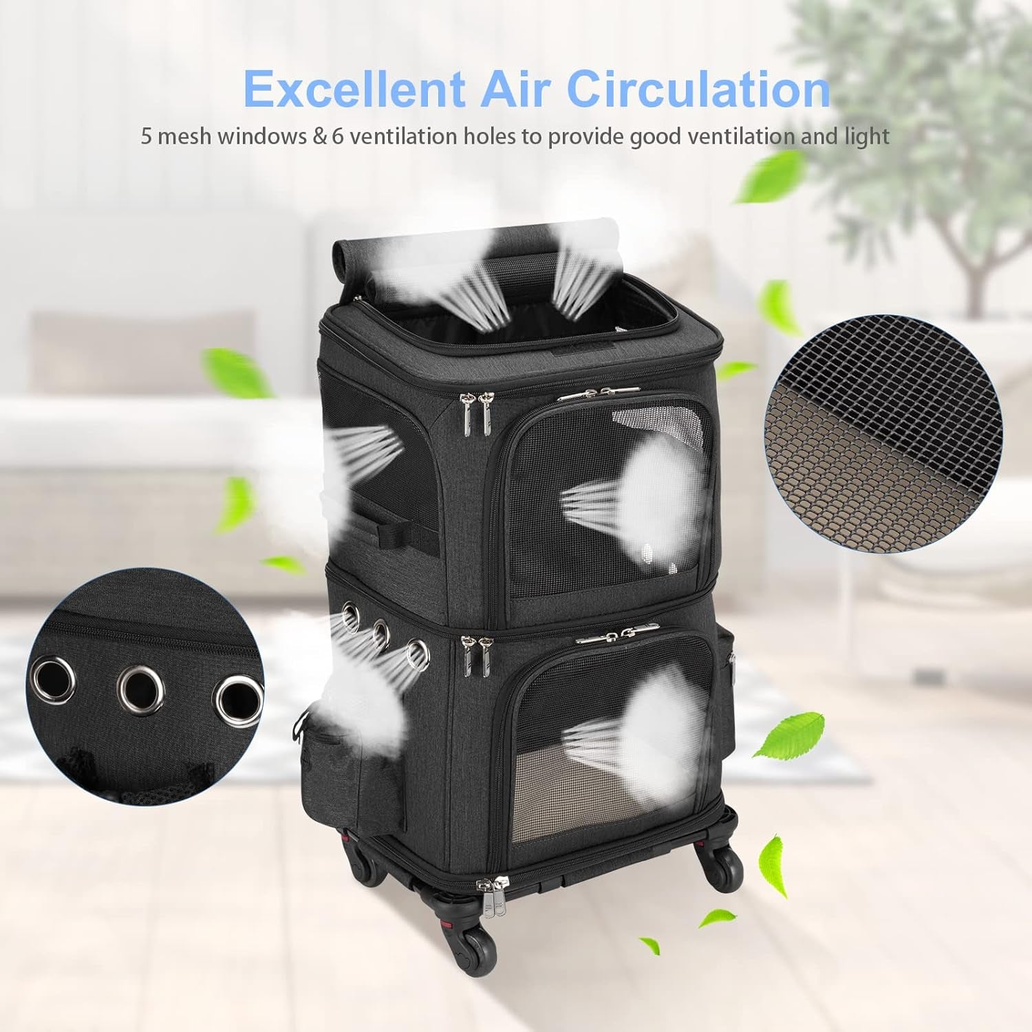 Double-Compartment Pet Carrier Backpack with Wheels for Small Cats and Dogs, Cat Rolling Carrier for 2 Cats, Perfect for Traveling/Taking a Walk/Trips to the Vet, Black