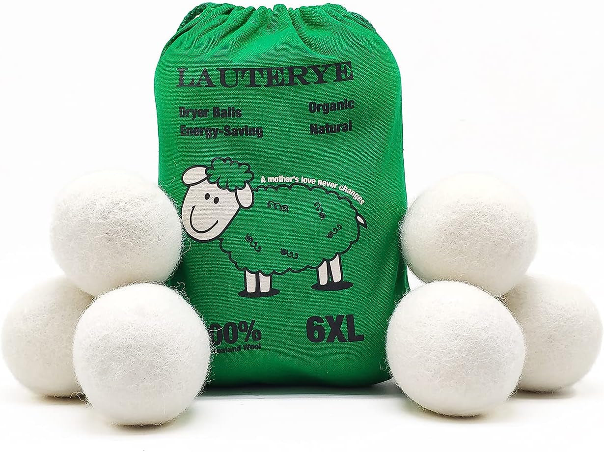 Wool Dryer Balls 6-Pack, Reusable Natural Fabric Softener, 100% Made of Organic New Zealand Wool, Stocking Stuffer Gifts, Hypoallergenic, Chemical-Free, Anti-Static, Lint-Free, Odorless