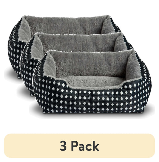 (3 Pack)  Bed for Dogs & Cats, Plush Cuddler, Portable, Machine Washable, Black & White Diamonds, 19" × 15"